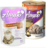 Амурр Консервированный корм для взрослых кошек в желе, мясное ассорти, 415 г. [уценка]