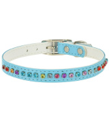 Ошейник Эко-кожа двойной с разноцветными стразами 12ммх35 (голубой)