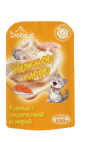 BIOHAUS Лакомство для кошек Нежное пюре Курица с перепелкой и икрой 100 г