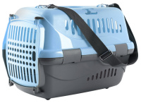Переноска для животных Турне М голубая с цветной пластиковой дверцей, ковриком и ремнем, 48*32*32 см