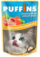 PUFFINS Пауч для кошек рыбное ассорти в нежном соусе, 100 г.