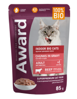 Влажный корм AWARD Indoor big cats для взрослых домашних кошек крупных пород кусочки в соусе с говядиной 85г, пауч
