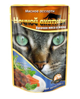 Ночной охотник консервы для кошек мясное ассорти кусочки в желе, 100 г.