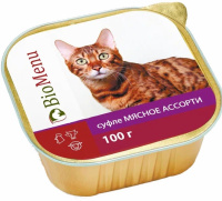 Био Меню 79574 конервы для кошек суфле Мясное ассорти 100г