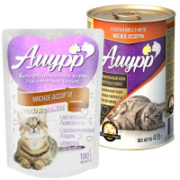 Амурр Консервированный корм для взрослых кошек в желе, мясное ассорти, 415 г.