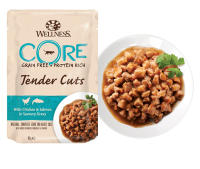 CORE консервы д/к Tender Cuts, нежные кусочки курицы и лосося в пикатном сосусе,85 г. [уценка]