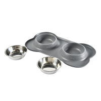 Pet-it миска двойная на силиконовом коврике Косточка, 46х27х4 см, 400 мл, серая