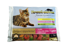 Ночной охотник влажный корм для кошек в соусе, говядина+лосось, судак, тунец+кролик и сердце+мясные кусочки в подарок, 3+1 по 85 г.