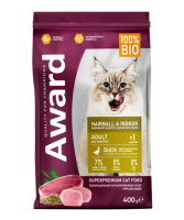 AWARD Hairball&Indoor для взрослых кошек для выведения шерсти с уткой, индейкой, зеленой чечевицей и Юкки Шидигера (400гр)