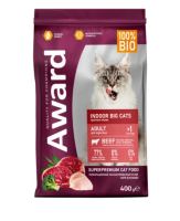 AWARD Indoor Big cats для взрослых домашних кошек крупных пород с говядиной и курицей с добавлением брокколи и юкки Шидигера [уценка] (400гр)