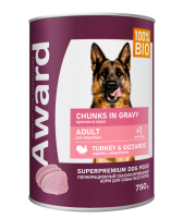 Влажный корм AWARD для взрослых собак кусочки с индейкой и желудочками в соусе 750г