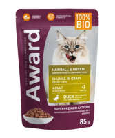 Влажный корм AWARD Hairball & Indoor для выведения шерсти у взрослых домашних кошек кусочки в соусе с уткой 85г, пауч
