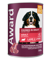 Влажный корм AWARD для взрослых собак, кусочки с ягненком и печенью в соусе 750г