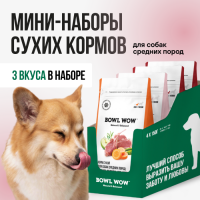 BOWL WOW Шоу-бокс для собак средних пород 150 гр - 4 штуки: Корм сухой полнорационный BOWL WOW с яблоком - 1 шт; морковью -1 шт; и свеклой - 2 шт