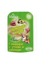 BIOHAUS Лакомство для собак Нежное пюре Говядина с уткой и авокадо 100 г