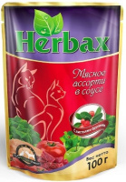 Herbax Корм для кошек мясное ассорти с листьями брусники в соусе, 100 г.
