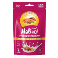 MOLINA Лакомство для кошек и котят "Хрустящие подушечки с начинкой из лосося и краба", HEALTHY SKIN & SHINY COAT, 60г