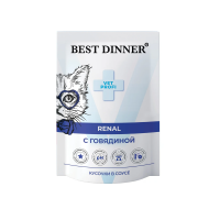 Best Dinner Vet Profi Влажный диетический полнорационный консервированный корм для кошек для профилактики заболевания почек кусочки в соусе с Говядиной 85 г