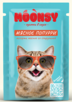 MOONSY Пауч для кошек "МЯСНОЕ ПОПУРРИ" мясное ассорти со спирулиной, 80 г. [уценка]