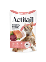 Actitail корм для здоровой кожи и шерсти кошек. Аппетитные кусочки в соусе с лососем и добавлением овощей пауч 75 г