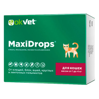 Оквет MaxiDrops для кошек от клещей, блох, вшей, круглых и ленточных гельминтов 1 пипетка (от 1 до 4кг, 0,5мл)