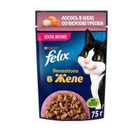 FELIX Sensations консервы для кошек с лососем в желе со вкусом трески, 75 г.