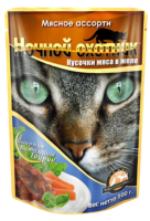 Ночной охотник консервы для кошек мясное ассорти кусочки в желе, 100 г. [уценка]