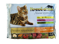 Ночной охотник Влажный корм для кошек в соусе, мясное ассорти+телятина+ягненок+курица в подарок, 3+1 по 85 г.