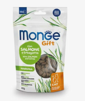Лакомство Monge Gift Hairball для кошек "Хрустящие подушечки с начинкой" с лососем и кошачьей мятой для вывода шерсти 60 г