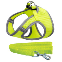 HL28S Комплект мягкая шлейка-жилетка и поводок, неоново-желтый, обхват груди 350мм, поводок 15*1200м