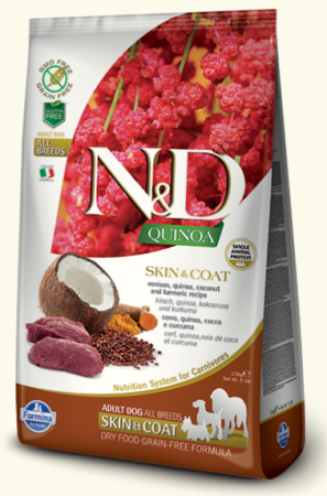 Farmina N&D QUINOA SKIN & COAT VENISON Adult, беззерновой корм для взрослых собак, здоровая кожа и шерсть, оленина, киноа, кокос и куркума, (уценка) (2,5кг)