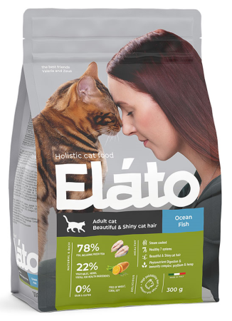 Elato Holistic Adult Cat Ocean Fish / Beautiful & Shiny Cat Hair, полнорационный корм для взрослых кошек с рыбой / для красивой и блестящей шерсти кошек, (уценка) (300гр)