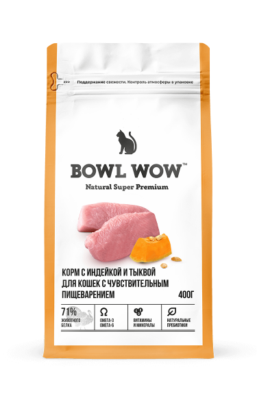 BOWL WOW сухой корм для кошек с чувствительным пищеварением с индейкой и тыквой (400г)