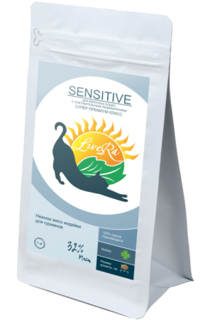 LiveRa Сухой низкозерновой корм для взрослых кошек, индейка SENSITIVE, АКЦИЯ 1 кг.+350 г. в подарок! (уценка) (350 гр)
