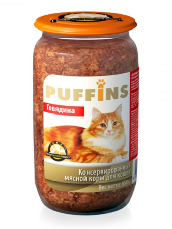 PUFFINS консервы для кошек (говядина), 650 г. (уценка)