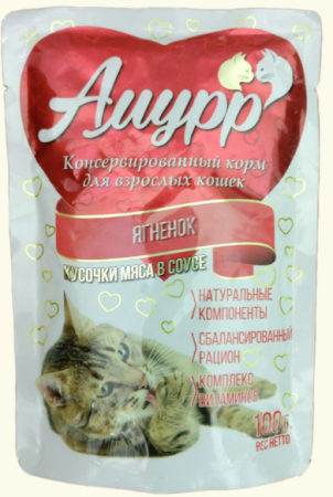 Амурр Влажный корм для взрослых кошек в соусе с ягненком, 100 г. (уценка)