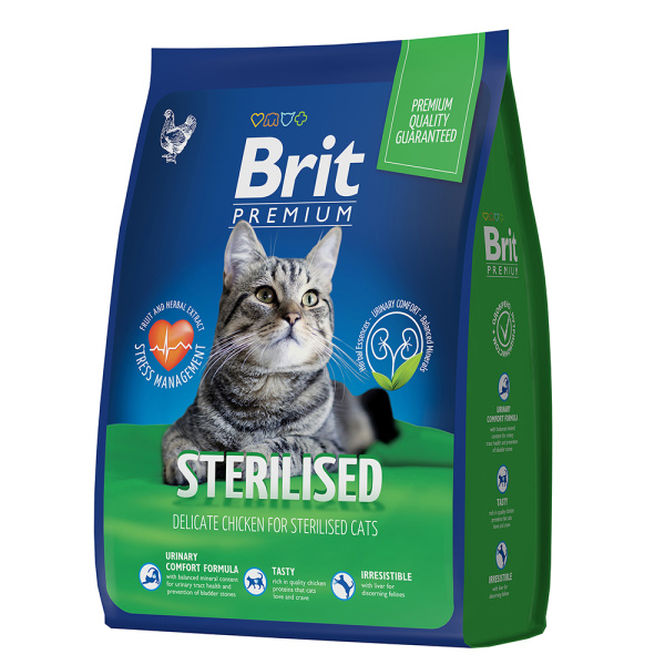 Brit Premium АКЦИЯ 500 г в подарок Cat Sterilized Chicken Сухой корм премиум класса с курицей для стерилизованных кошек (2кг)