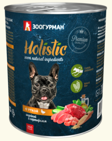 Мясной рацион Holistic, консервы для собак, Утка с индейкой и картофелем, 350 г. (уценка)