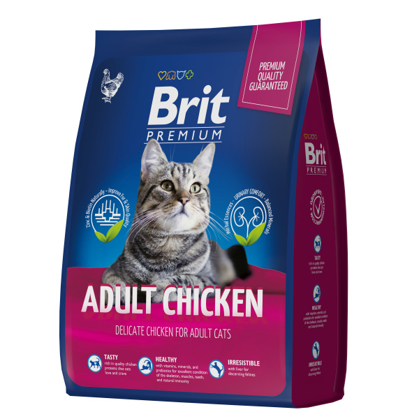 Brit Premium АКЦИЯ 500 г в подарок, Cat Adult Chicken Сухой корм премиум класса с курицей для взрослых кошек (2кг)
