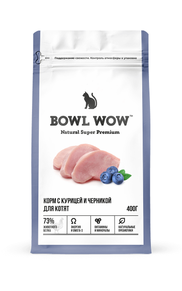 BOWL WOW сухой корм для котят с курицей и черникой (400г)